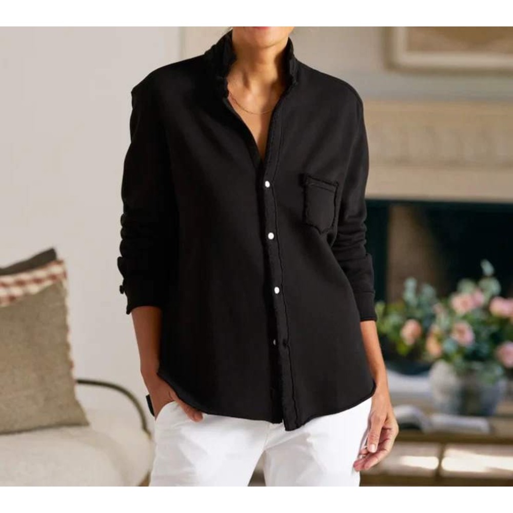 Frank & Eileen Black Cotton Fleece Raw Hem Button-Up Sweatshirt Down Shirt Large
